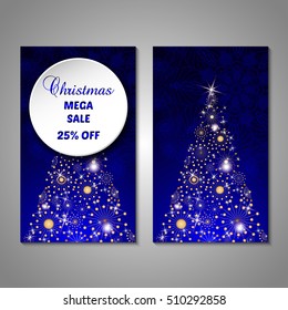 Set of stylized Christmas tree invitation, flyer, sale, discont card template. Merry Christmas decorative background.Use for internet sites, gift cards, flyers and presentations. Front and back page