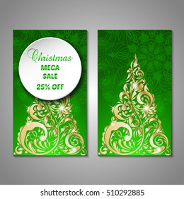 Set of stylized Christmas tree invitation, flyer, sale, discont card template. Merry Christmas decorative background.Use for internet sites, gift cards, flyers and presentations. Front and back page
