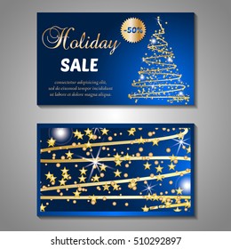 Set of stylized Christmas tree invitation, flyer, sale, discont card template. Merry Christmas decorative background.Use for internet sites, gift cards, flyers and presentations. Front and back page