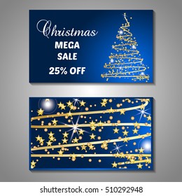Set of stylized Christmas tree invitation, flyer, sale, discont card template. Merry Christmas decorative background.Use for internet sites, gift cards, flyers and presentations. Front and back page