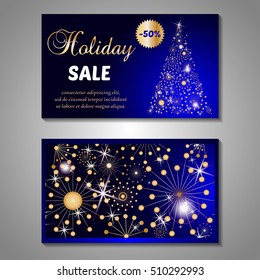 Set of stylized Christmas tree invitation, flyer, sale, discont card template. Merry Christmas decorative background.Use for internet sites, gift cards, flyers and presentations. Front and back page