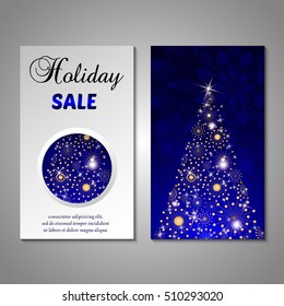 Set of stylized Christmas tree invitation, flyer, sale, discont card template. Merry Christmas decorative background.Use for internet sites, gift cards, flyers and presentations. Front and back page