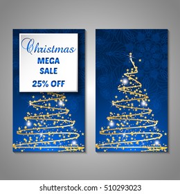 Set of stylized Christmas tree invitation, flyer, sale, discont card template. Merry Christmas decorative background.Use for internet sites, gift cards, flyers and presentations. Front and back page