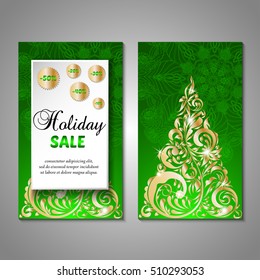 Set of stylized Christmas tree invitation, flyer, sale, discont card template. Merry Christmas decorative background.Use for internet sites, gift cards, flyers and presentations. Front and back page