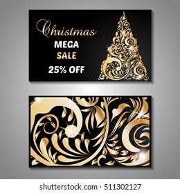 Set of stylized Christmas tree invitation, flyer, sale, discont card template. Merry Christmas decorative background.Use for internet sites, gift cards, flyers and presentations. Front and back page