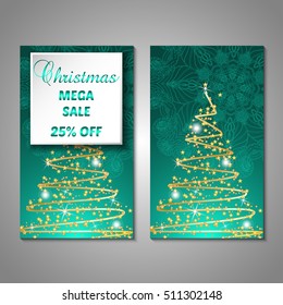 Set of stylized Christmas tree invitation, flyer, sale, discont card template. Merry Christmas decorative background.Use for internet sites, gift cards, flyers and presentations. Front and back page
