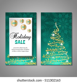 Set of stylized Christmas tree invitation, flyer, sale, discont card template. Merry Christmas decorative background.Use for internet sites, gift cards, flyers and presentations. Front and back page