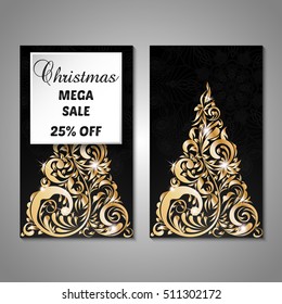 Set of stylized Christmas tree invitation, flyer, sale, discont card template. Merry Christmas decorative background.Use for internet sites, gift cards, flyers and presentations. Front and back page
