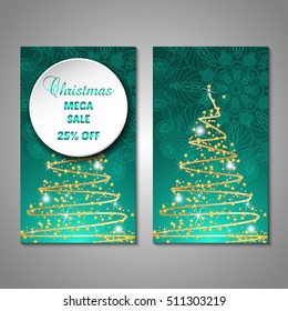 Set of stylized Christmas tree invitation, flyer, sale, discont card template. Merry Christmas decorative background.Use for internet sites, gift cards, flyers and presentations. Front and back page