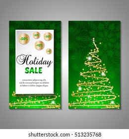 Set of stylized Christmas tree invitation, flyer, sale, discont card template. Merry Christmas decorative background.Use for internet sites, gift cards, flyers and presentations. Front and back page