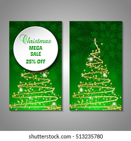 Set of stylized Christmas tree invitation, flyer, sale, discont card template. Merry Christmas decorative background.Use for internet sites, gift cards, flyers and presentations. Front and back page