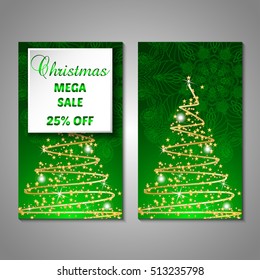 Set of stylized Christmas tree invitation, flyer, sale, discont card template. Merry Christmas decorative background.Use for internet sites, gift cards, flyers and presentations. Front and back page