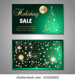 Set of stylized Christmas tree invitation, flyer, sale, discont card template. Merry Christmas decorative background.Use for internet sites, gift cards, flyers and presentations. Front and back page