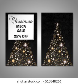 Set of stylized Christmas tree invitation, flyer, sale, discont card template. Merry Christmas decorative background.Use for internet sites, gift cards, flyers and presentations. Front and back page