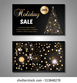 Set of stylized Christmas tree invitation, flyer, sale, discont card template. Merry Christmas decorative background.Use for internet sites, gift cards, flyers and presentations. Front and back page