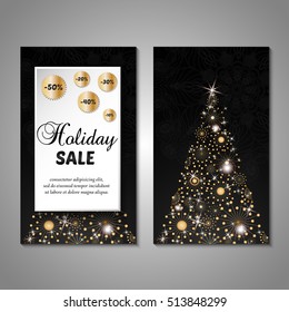Set of stylized Christmas tree invitation, flyer, sale, discont card template. Merry Christmas decorative background.Use for internet sites, gift cards, flyers and presentations. Front and back page