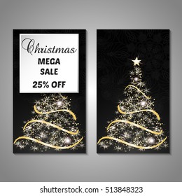 Set of stylized Christmas tree invitation, flyer, sale, discont card template. Merry Christmas decorative background.Use for internet sites, gift cards, flyers and presentations. Front and back page