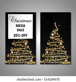 Set of stylized Christmas tree invitation, flyer, sale, discont card template. Merry Christmas decorative background.Use for internet sites, gift cards, flyers and presentations. Front and back page