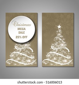 Set of stylized Christmas tree invitation, flyer, sale, discont card template. Merry Christmas decorative background.Use for internet sites, gift cards, flyers and presentations. Front and back page