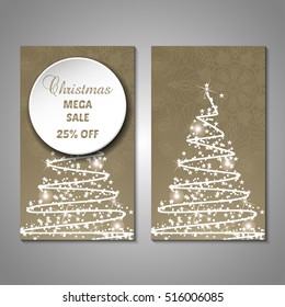 Set of stylized Christmas tree invitation, flyer, sale, discont card template. Merry Christmas decorative background.Use for internet sites, gift cards, flyers and presentations. Front and back page