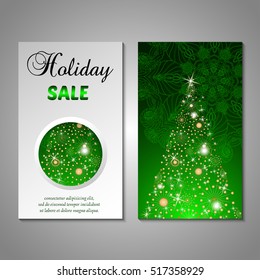 Set of stylized Christmas tree invitation, flyer, sale, discont card template. Merry Christmas decorative background.Use for internet sites, gift cards, flyers and presentations. Front and back page