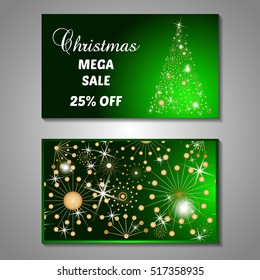 Set of stylized Christmas tree invitation, flyer, sale, discont card template. Merry Christmas decorative background.Use for internet sites, gift cards, flyers and presentations. Front and back page
