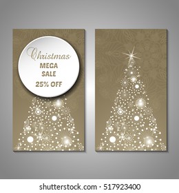 Set of stylized Christmas tree invitation, flyer, sale, discont card template. Merry Christmas decorative background.Use for internet sites, gift cards, flyers and presentations. Front and back page
