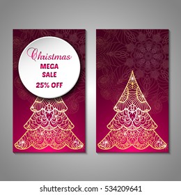 Set of stylized Christmas tree invitation, flyer, sale, discont card template. Merry Christmas decorative background.Use for internet sites, gift cards, flyers and presentations. Front and back page