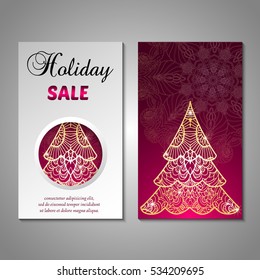 Set of stylized Christmas tree invitation, flyer, sale, discont card template. Merry Christmas decorative background.Use for internet sites, gift cards, flyers and presentations. Front and back page