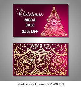 Set of stylized Christmas tree invitation, flyer, sale, discont card template. Merry Christmas decorative background.Use for internet sites, gift cards, flyers and presentations. Front and back page