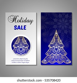 Set of stylized Christmas tree invitation, flyer, sale, discont card template. Merry Christmas decorative background.Use for internet sites, gift cards, flyers and presentations. Front and back page