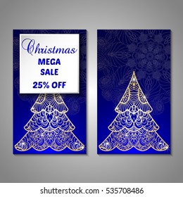 Set of stylized Christmas tree invitation, flyer, sale, discont card template. Merry Christmas decorative background.Use for internet sites, gift cards, flyers and presentations. Front and back page