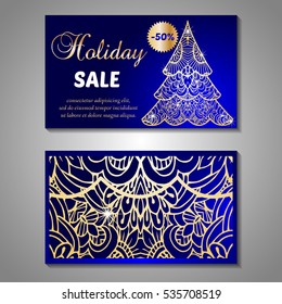 Set of stylized Christmas tree invitation, flyer, sale, discont card template. Merry Christmas decorative background.Use for internet sites, gift cards, flyers and presentations. Front and back page