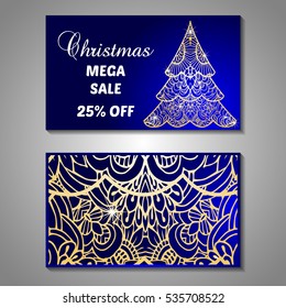 Set of stylized Christmas tree invitation, flyer, sale, discont card template. Merry Christmas decorative background.Use for internet sites, gift cards, flyers and presentations. Front and back page
