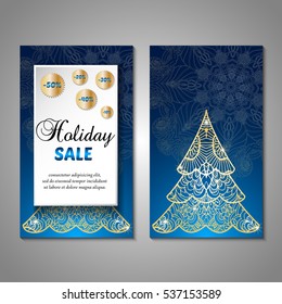 Set of stylized Christmas tree invitation, flyer, sale, discont card template. Merry Christmas decorative background.Use for internet sites, gift cards, flyers and presentations. Front and back page