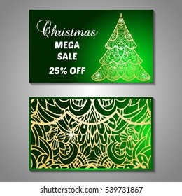 Set of stylized Christmas tree invitation, flyer, sale, discont card template. Merry Christmas decorative background.Use for internet sites, gift cards, flyers and presentations. Front and back page