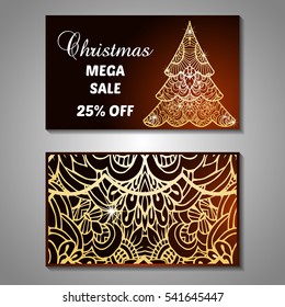 Set of stylized Christmas tree invitation, flyer, sale, discont card template. Merry Christmas decorative background.Use for internet sites, gift cards, flyers and presentations. Front and back page