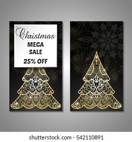 Set of stylized Christmas tree invitation, flyer, sale, discont card template. Merry Christmas decorative background.Use for internet sites, gift cards, flyers and presentations. Front and back page