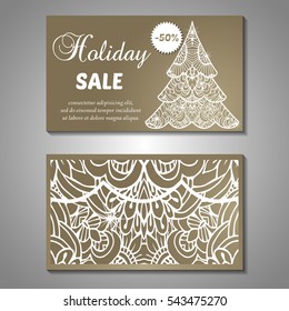 Set of stylized Christmas tree invitation, flyer, sale, discont card template. Merry Christmas decorative background. Use for internet sites, gift cards, flyers and presentations. Front and back page
