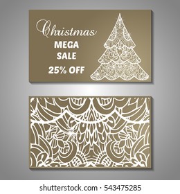 Set of stylized Christmas tree invitation, flyer, sale, discont card template. Merry Christmas decorative background.Use for internet sites, gift cards, flyers and presentations. Front and back page