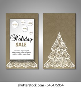 Set of stylized Christmas tree invitation, flyer, sale, discont card template. Merry Christmas decorative background.Use for internet sites, gift cards, flyers and presentations. Front and back page