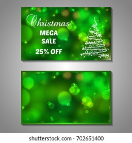 Set of stylized Christmas tree invitation, flyer, sale, discont card template. Merry Christmas decorative bokeh background. Use for internet sites, gift cards, flyers, presentations. Front, back page