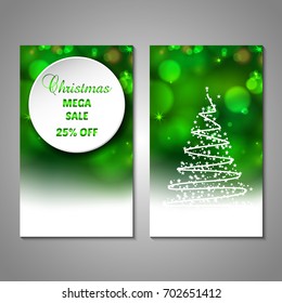 Set of stylized Christmas tree invitation, flyer, sale, discont card template. Merry Christmas decorative bokeh background. Use for internet sites, gift cards, flyers, presentations. Front, back page