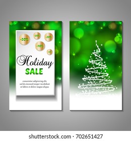 Set of stylized Christmas tree invitation, flyer, sale, discont card template. Merry Christmas decorative bokeh background. Use for internet sites, gift cards, flyers, presentations. Front, back page