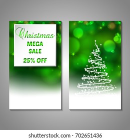 Set of stylized Christmas tree invitation, flyer, sale, discont card template. Merry Christmas decorative bokeh background. Use for internet sites, gift cards, flyers, presentations. Front, back page