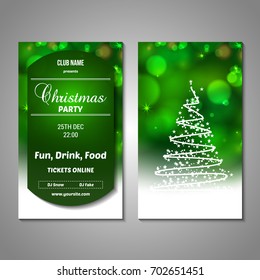 Set of stylized Christmas tree invitation, flyer, sale, discont card template. Merry Christmas decorative bokeh background. Use for internet sites, gift cards, flyers, presentations. Front, back page