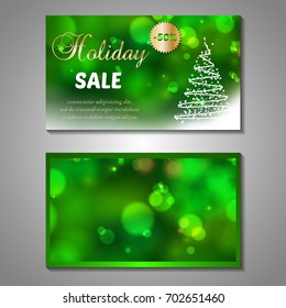 Set of stylized Christmas tree invitation, flyer, sale, discont card template. Merry Christmas decorative bokeh background. Use for internet sites, gift cards, flyers, presentations. Front, back page