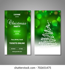 Set of stylized Christmas tree invitation, flyer, sale, discont card template. Merry Christmas decorative bokeh background. Use for internet sites, gift cards, flyers, presentations. Front, back page