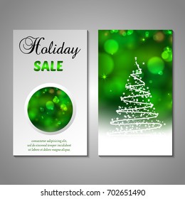 Set of stylized Christmas tree invitation, flyer, sale, discont card template. Merry Christmas decorative bokeh background. Use for internet sites, gift cards, flyers, presentations. Front, back page