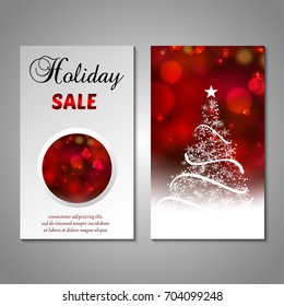 Set of stylized Christmas tree invitation, flyer, sale, discont card template. Merry Christmas decorative bokeh background. Use for internet sites, gift cards, flyers, presentations. Front, back page